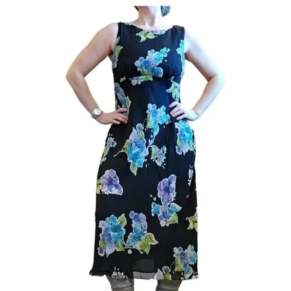 Talbots Vintage 1990’s‎ Black Hydrangea Floral Silk Midi Dress 🌸🖤